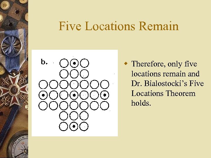 Five Locations Remain w Therefore, only five locations remain and Dr. Bialostocki’s Five Locations