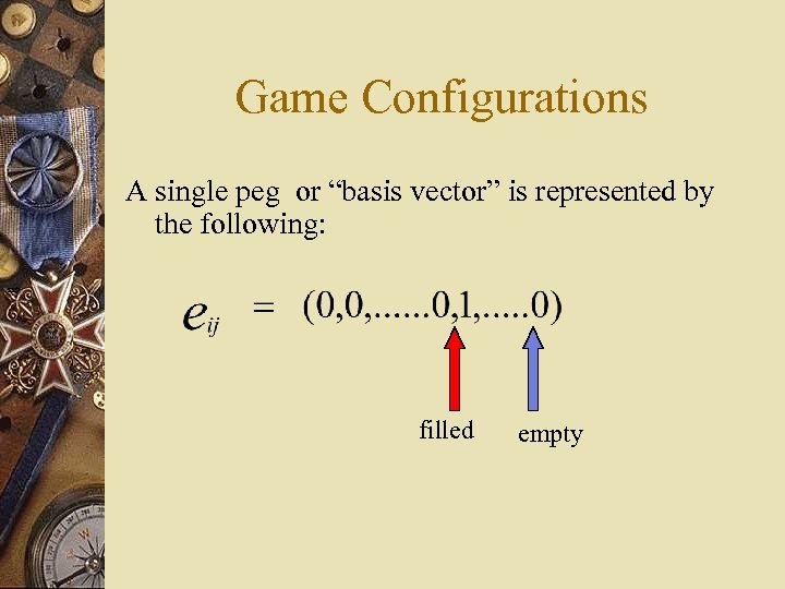 Game Configurations A single peg or “basis vector” is represented by the following: filled