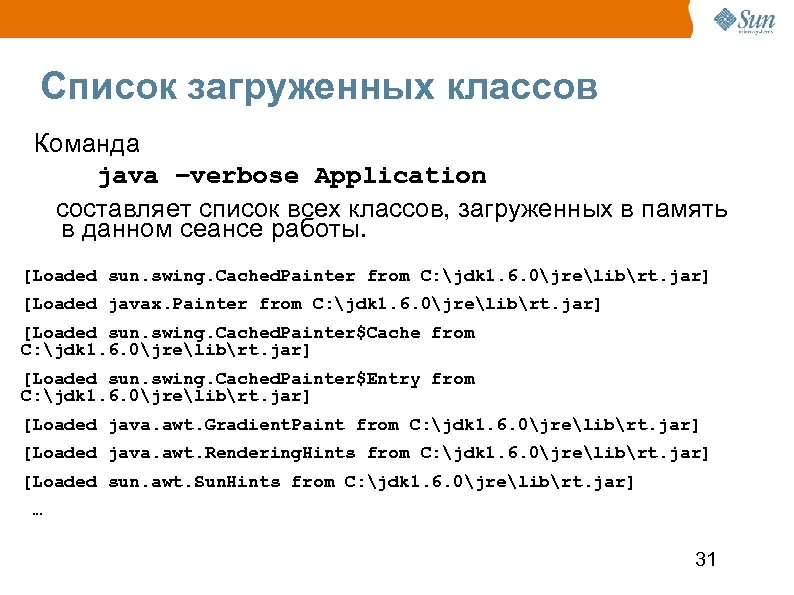 Список загруженных классов Команда java –verbose Application составляет список всех классов, загруженных в память