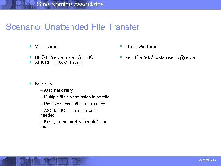 Sine Nomine Associates Scenario: Unattended File Transfer § Mainframe: § Open Systems: § DEST=(node,