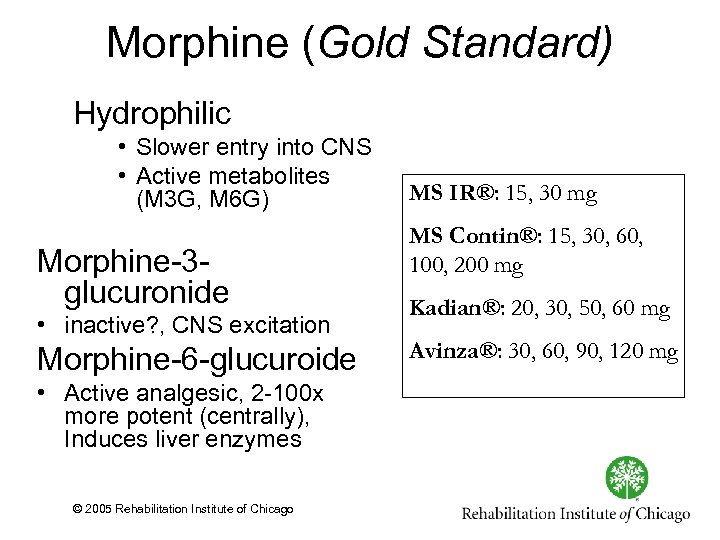 Morphine (Gold Standard) Hydrophilic • Slower entry into CNS • Active metabolites (M 3