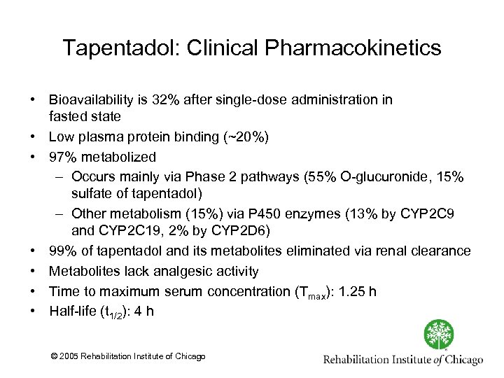 Tapentadol: Clinical Pharmacokinetics • Bioavailability is 32% after single dose administration in fasted state