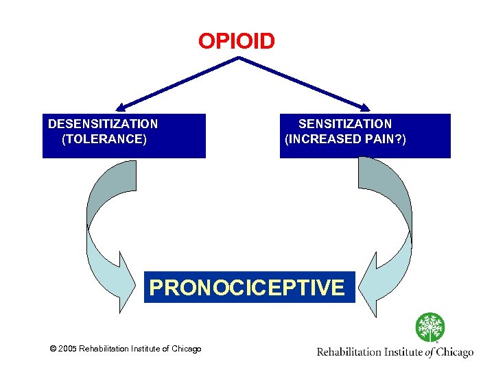 OPIOID DESENSITIZATION (TOLERANCE) SENSITIZATION (INCREASED PAIN? ) PRONOCICEPTIVE © 2005 Rehabilitation Institute of Chicago
