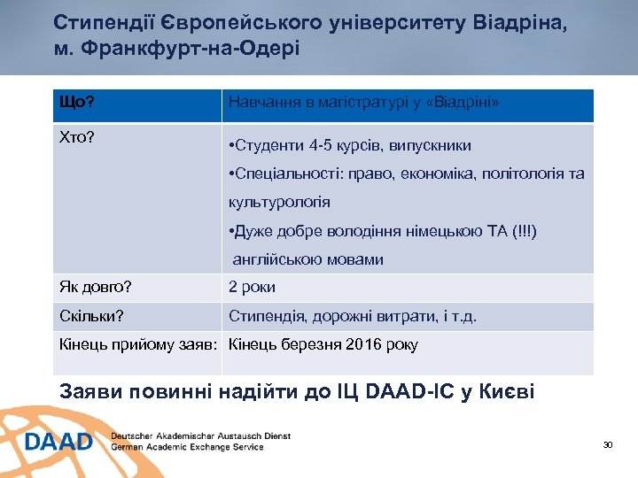 Стипендії Європейського університету Віадріна, м. Франкфурт-на-Одері Що? Навчання в магістратурі у «Віадріні» Хто? •