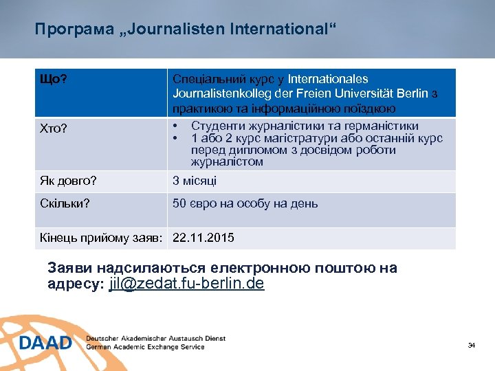 Програма „Journalisten International“ Що? Хто? Спеціальний курс у Internationales Journalistenkolleg der Freien Universität Berlin