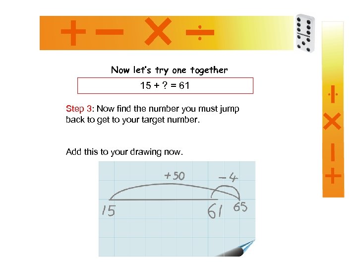 Now let’s try one together 15 + ? = 61 Step 3: Now find