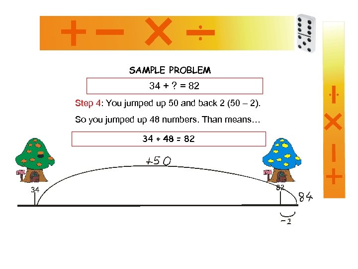 SAMPLE PROBLEM 34 + ? = 82 Step 4: You jumped up 50 and