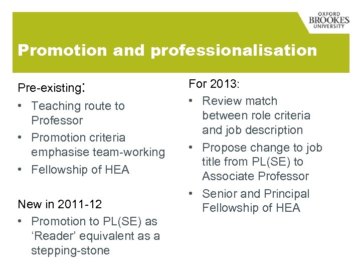 Promotion and professionalisation Pre-existing: • Teaching route to Professor • Promotion criteria emphasise team-working