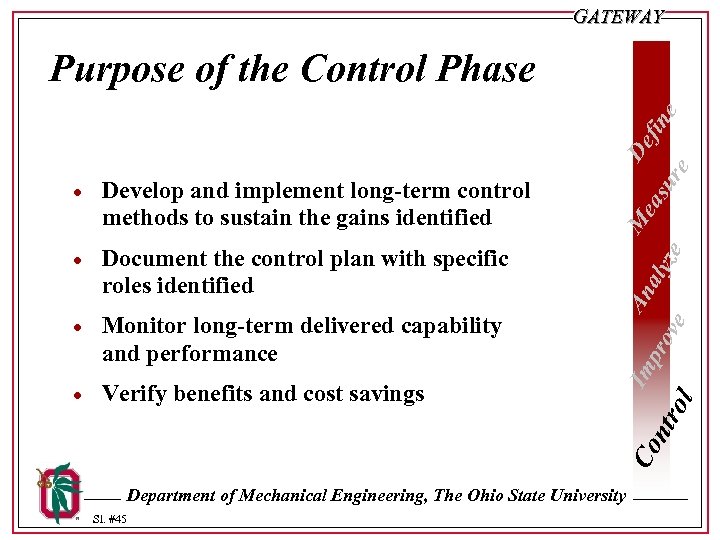 GATEWAY · Develop and implement long-term control methods to sustain the gains identified ·