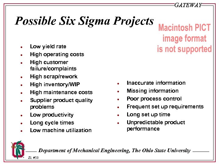 GATEWAY Possible Six Sigma Projects · · · · · Low yield rate High