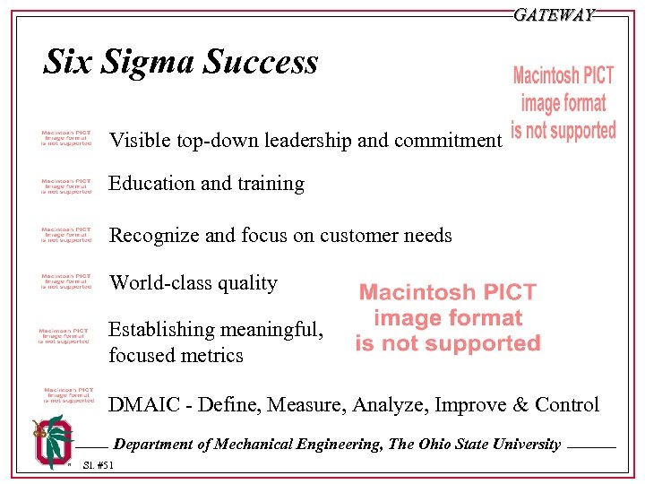 GATEWAY Six Sigma Success Visible top-down leadership and commitment Education and training Recognize and