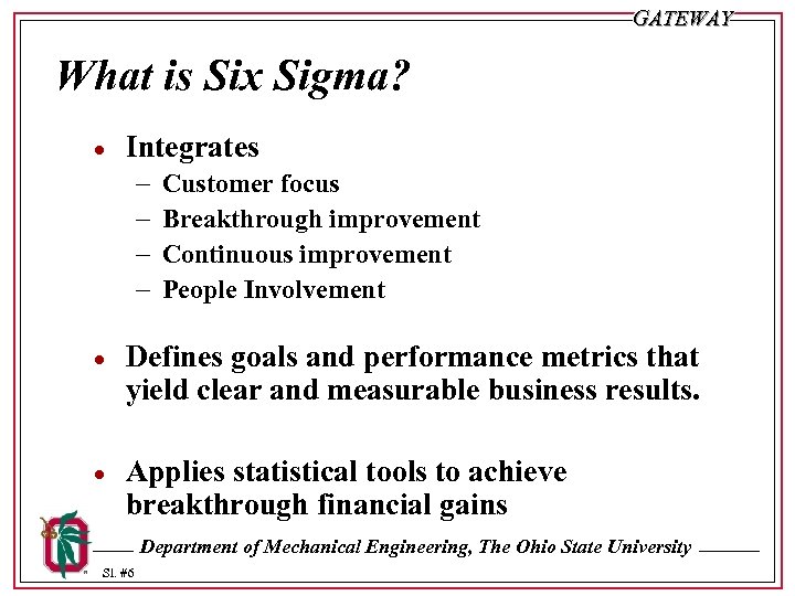 GATEWAY What is Six Sigma? · Integrates - Customer focus Breakthrough improvement Continuous improvement
