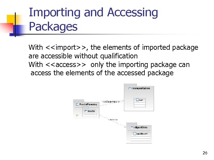 Importing and Accessing Packages With <<import>>, the elements of imported package are accessible without