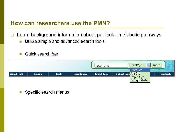How can researchers use the PMN? p Learn background information about particular metabolic pathways