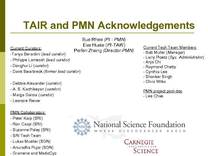 TAIR and PMN Acknowledgements Sue Rhee (PI - PMN) Eva Huala (PI-TAIR) Peifen Zhang
