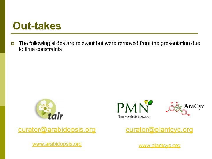 Out-takes p The following slides are relevant but were removed from the presentation due