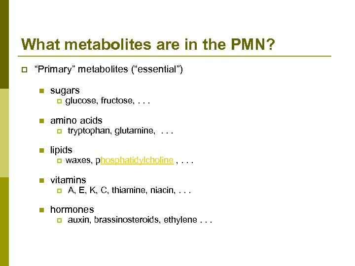 What metabolites are in the PMN? p “Primary” metabolites (“essential”) n sugars p n