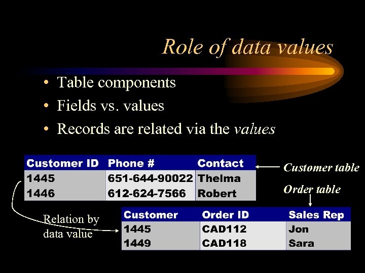 Role of data values • Table components • Fields vs. values • Records are