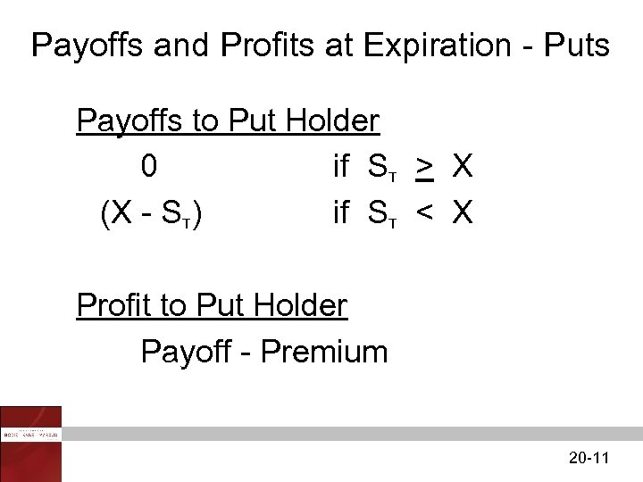 Payoffs and Profits at Expiration - Puts Payoffs to Put Holder 0 if ST