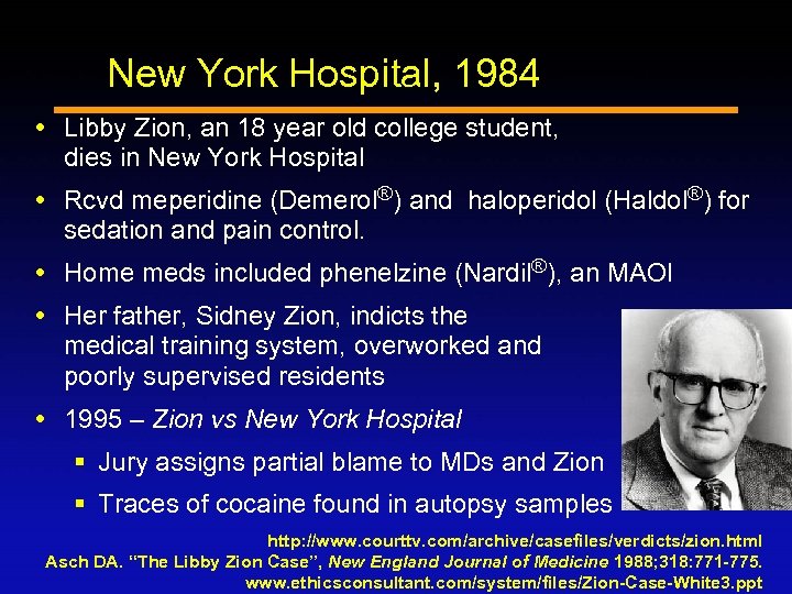 New York Hospital, 1984 Libby Zion, an 18 year old college student, dies in