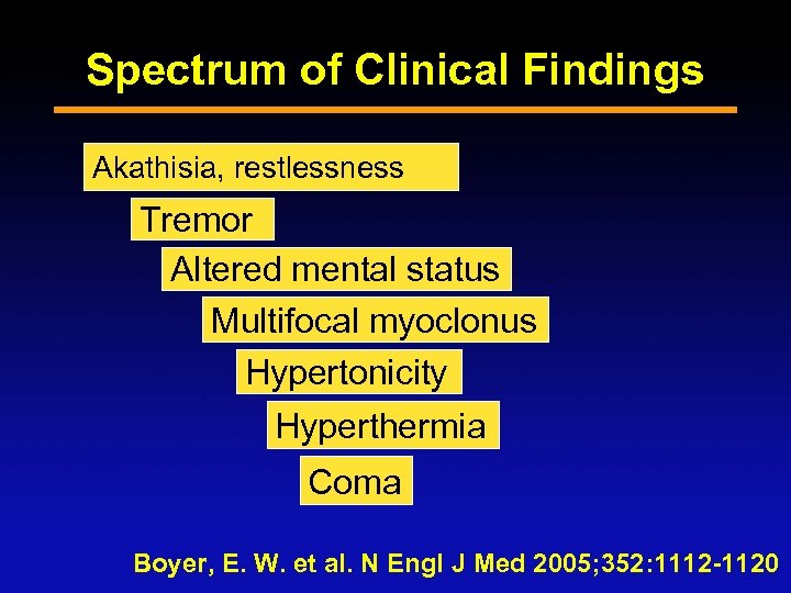 Spectrum of Clinical Findings Akathisia, restlessness Tremor Altered mental status Multifocal myoclonus Hypertonicity Hyperthermia