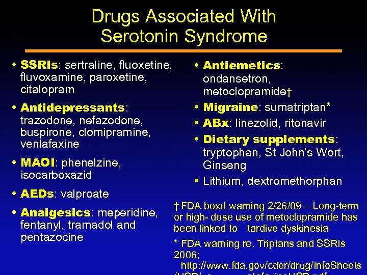 Drugs Associated With Serotonin Syndrome SSRIs: sertraline, fluoxetine, fluvoxamine, paroxetine, citalopram Antidepressants: trazodone, nefazodone,