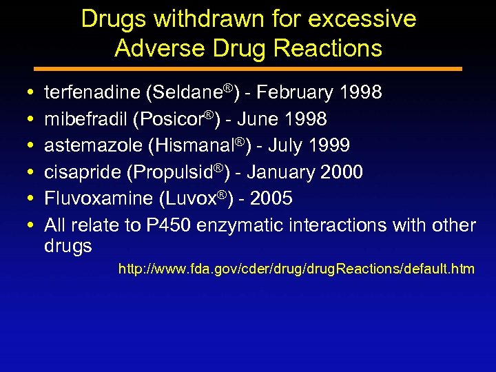 Drugs withdrawn for excessive Adverse Drug Reactions terfenadine (Seldane®) - February 1998 mibefradil (Posicor®)