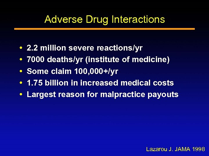 Adverse Drug Interactions 2. 2 million severe reactions/yr 7000 deaths/yr (institute of medicine) Some