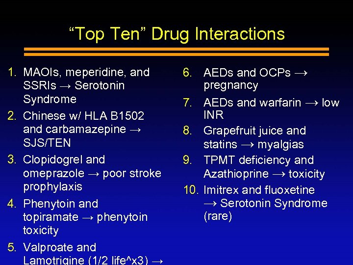 “Top Ten” Drug Interactions 1. MAOIs, meperidine, and SSRIs → Serotonin Syndrome 2. Chinese