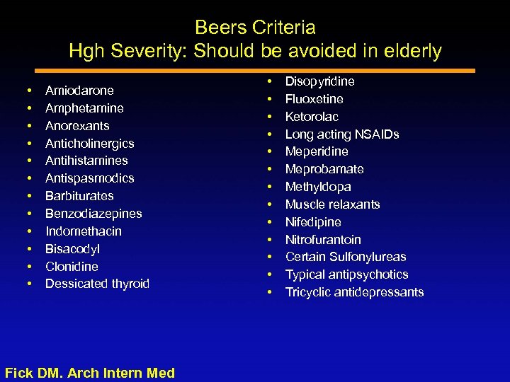 Beers Criteria Hgh Severity: Should be avoided in elderly Amiodarone Amphetamine Anorexants Anticholinergics Antihistamines