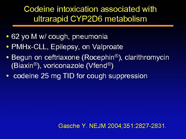 Codeine intoxication associated with ultrarapid CYP 2 D 6 metabolism 62 yo M w/