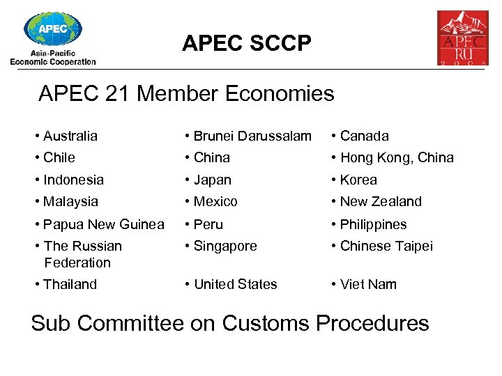 APEC SCCP APEC 21 Member Economies • Australia • Brunei Darussalam • Canada •