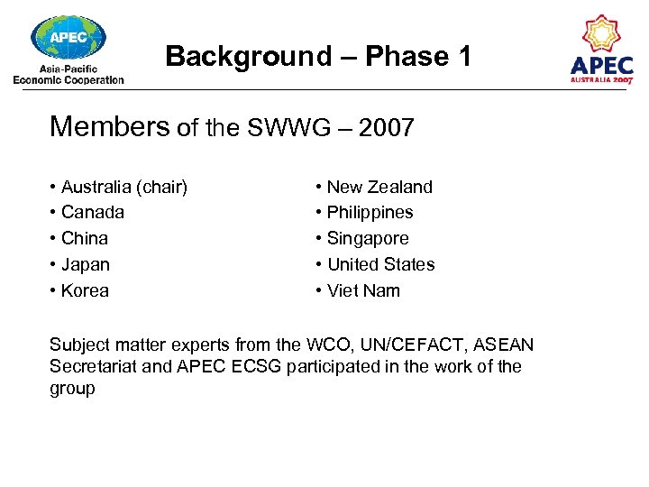 Background – Phase 1 Members of the SWWG – 2007 • Australia (chair) •