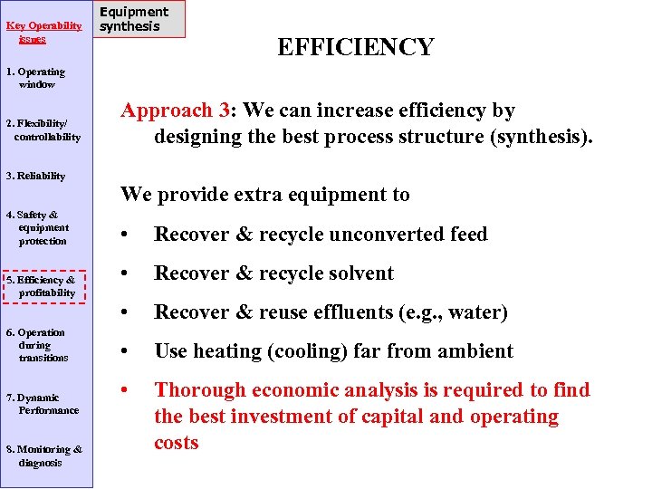 Key Operability issues Equipment synthesis EFFICIENCY 1. Operating window 2. Flexibility/ controllability Approach 3: