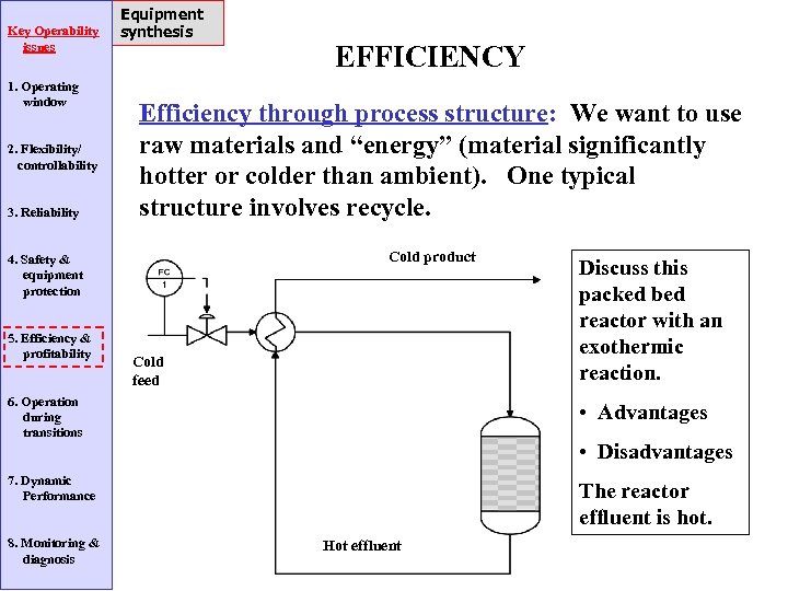 Key Operability issues 1. Operating window 2. Flexibility/ controllability 3. Reliability Equipment synthesis Efficiency