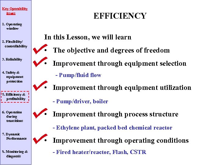 Key Operability issues EFFICIENCY 1. Operating window 2. Flexibility/ controllability 3. Reliability 4. Safety
