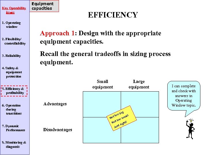 Key Operability issues Equipment capacities EFFICIENCY 1. Operating window 2. Flexibility/ controllability 3. Reliability
