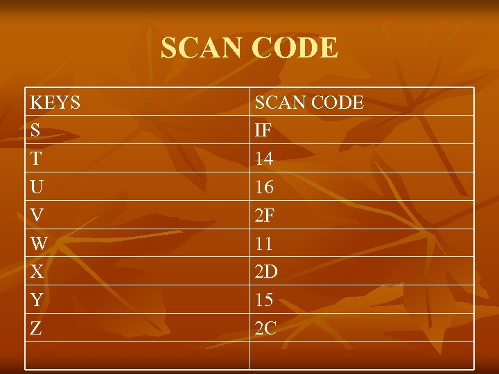 SCAN CODE KEYS S T U V W X Y Z SCAN CODE IF