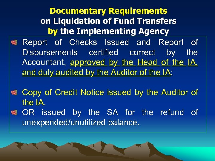 Documentary Requirements on Liquidation of Fund Transfers by the Implementing Agency Report of Checks