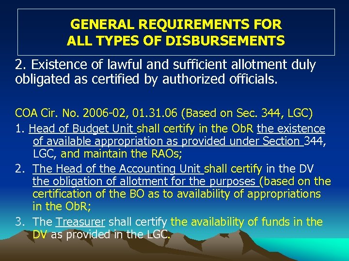 GENERAL REQUIREMENTS FOR ALL TYPES OF DISBURSEMENTS 2. Existence of lawful and sufficient allotment