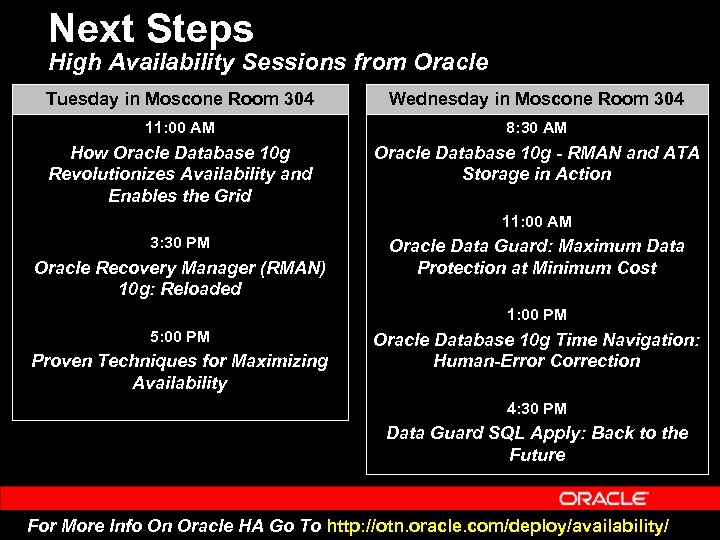 Next Steps High Availability Sessions from Oracle Tuesday in Moscone Room 304 Wednesday in