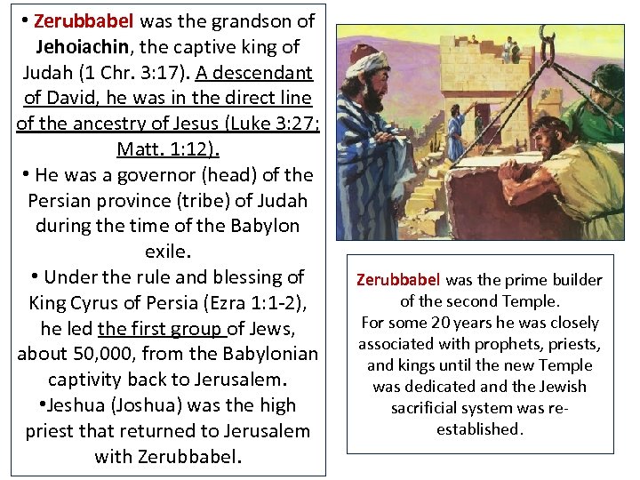  • Zerubbabel was the grandson of Jehoiachin, the captive king of Judah (1