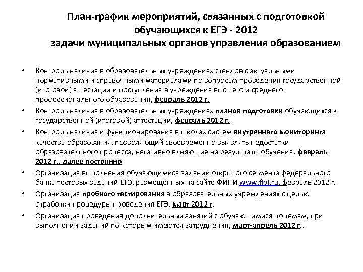 План-график мероприятий, связанных с подготовкой обучающихся к ЕГЭ - 2012 задачи муниципальных органов управления