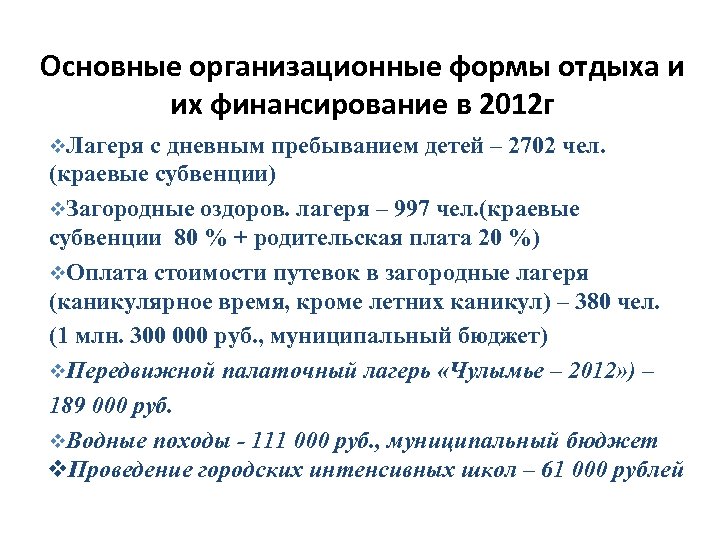 Основные организационные формы отдыха и их финансирование в 2012 г v. Лагеря с дневным