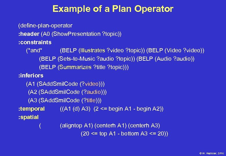 Example of a Plan Operator (define-plan-operator : header (A 0 (Show. Presentation ? topic))