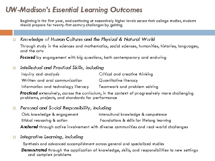 UW-Madison’s Essential Learning Outcomes Beginning in the first year, and continuing at successively higher