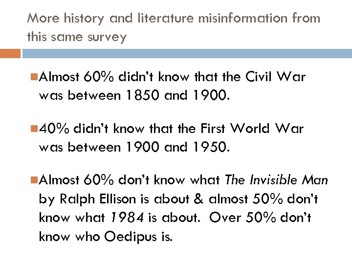 More history and literature misinformation from this same survey Almost 60% didn’t know that