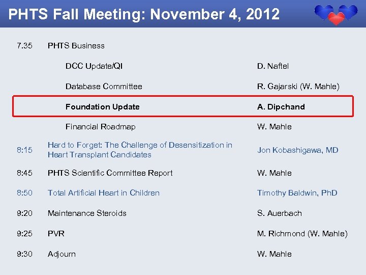 PHTS Fall Meeting: November 4, 2012 7. 35 PHTS Business DCC Update/QI D. Naftel