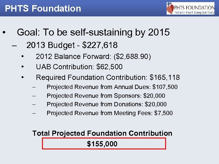 PHTS Foundation • Goal: To be self-sustaining by 2015 – 2013 Budget - $227,