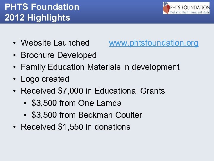 PHTS Foundation 2012 Highlights • • • Website Launched www. phtsfoundation. org Brochure Developed